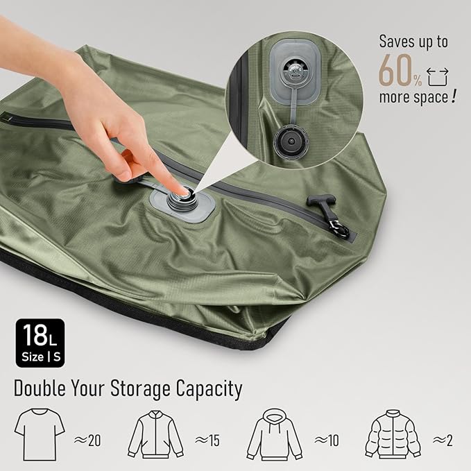 VJI Reusable Vacuum Bag for Travel, IPX8 Waterproof Compression Storage Bag for Luggage and Closet, Space Saving and Leakproof Packing Organizer (Green, With pump)