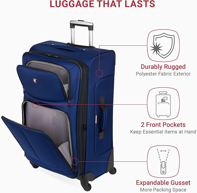 SWISSGEAR Sion Softside Expandable Spinner Luggage Durable Lightweight Travel Suitcase, Blue, 3-Piece Set (21/25/29)