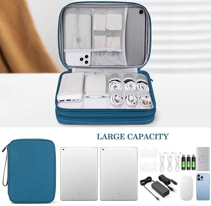 FYY Electronic Organizer, Extra Large Travel Cable Organizer Bag Pouch Portable Waterproof Double Layers All-in-One Storage Bag for iPad, Cable, Power Bank, Laptop Charger for Office/Home, Dark Green