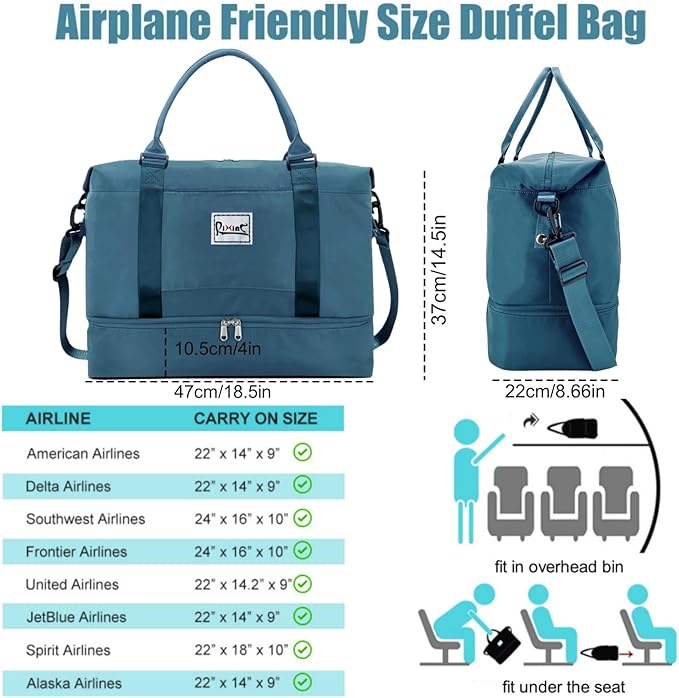 Travel Duffel Bag, Personal Item Travel Bag, Weekender Bag with Shoe Compartment & Wet Pocket, Lightweight Carry On Overnight Tote for Travel, Gym, Weekend Getaway (Peacock Blue)