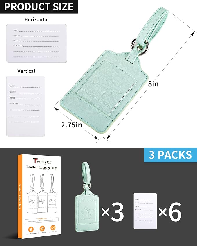 3 Pack Luggage Tags - Quick Install, Privacy Protection, Airplane Travel Essentials for Suitcases, Durable Leather - Lichee Light Green
