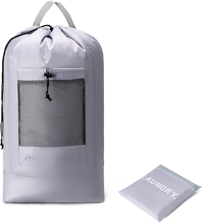 Backpack Laundry Bag,Large Travel Laundry Bags with Shoulder Straps and Mesh Pockets,Laundry Backpack with Drawstring Closure for College,Trave,Dorm, Apartment,Laundromat (Grey)
