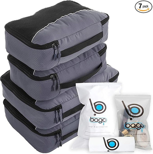 bago 7 Pcs Packing Cubes for Travel - 4 Travel Packing Cubes for Suitcases with 3 ZipLock Bags - Luggage Organizer Bags to Get Maximum Storage, Save Time & Effort to Pack (Gray)