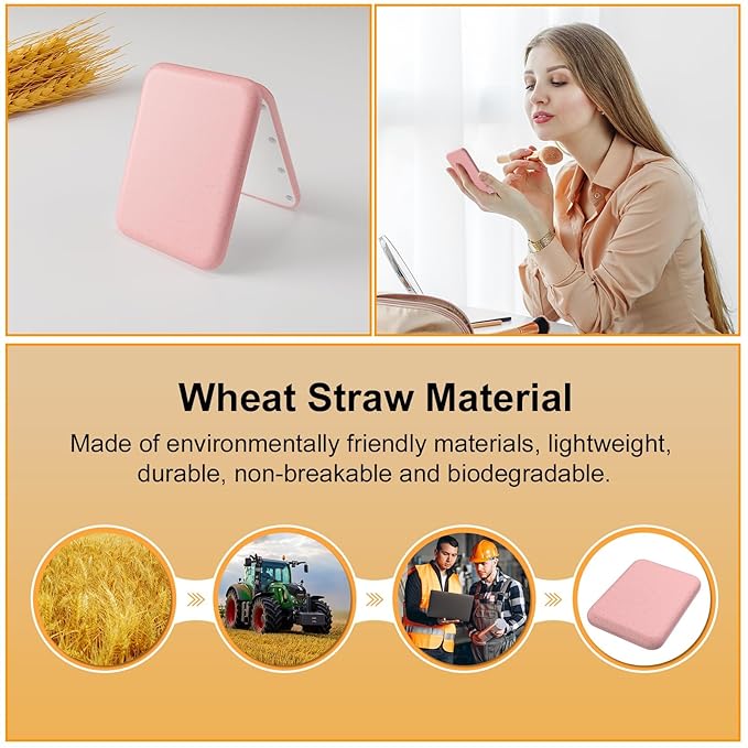 Kintion Wheat Straw Pocket Mirror, 1X/3X Magnification Travel Mirror for Purse, Folding Handheld Mirror, Small Lighted Compact Mirror for Gift, Pink
