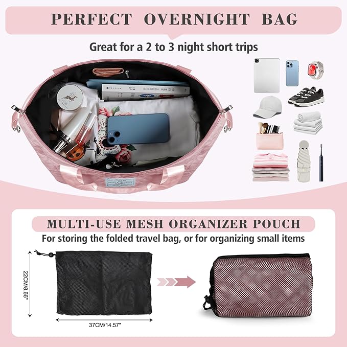 Geestock Travel Duffel Bag, Weekender Bags for Women, Carry on Overnight Bag with Shoe Compartment & Trolley Sleeve, Personal Item Travel Bags with Storage Pouch for Travel, Yoga, Gym, Hospital, Pink