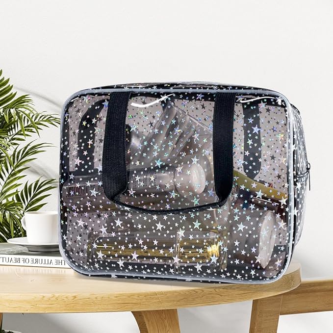 Black Holographic Star Cosmetic Bag for Women 11.8x5.1x8.2 Inches Portable Travel Toiletry Bag with Handles,Durable PVC Material,Zipper Design-Ideal Large Clear Makeup Organizer