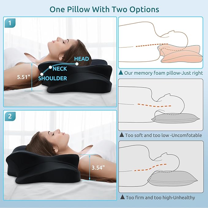 DONAMA Cervical Pillow for Neck and Shoulder Pain Relief, Cooling Contour Memory Foam Pillow, Dual-Height Ergonomic Neck Support Pillow for Side Back Stomach Sleepers with Removable Pillowcase