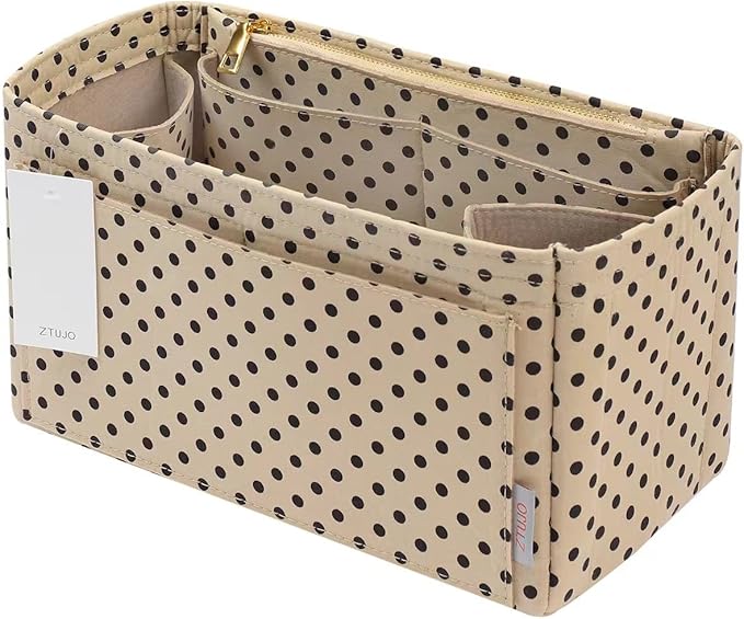 ZTUJO Purse Organizer Insert For Handbags, Silky Touching Bag Organizer Insert With Bottle Holder, Perfect for Speedy, Neverfull, Tote,ONTHEGO,Artsy,Handbag and More (X-Large, Brown polk dots Beige)