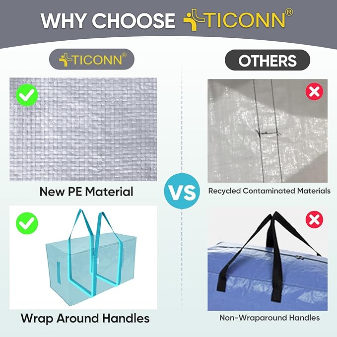 TICONN 4 Pack Extra Large Moving Bags Heavy Duty with Zippers & Carrying Handles, Durable Storage Bags Moving Boxes for Closet Organizers and Storage (4 Pack, Aqua)