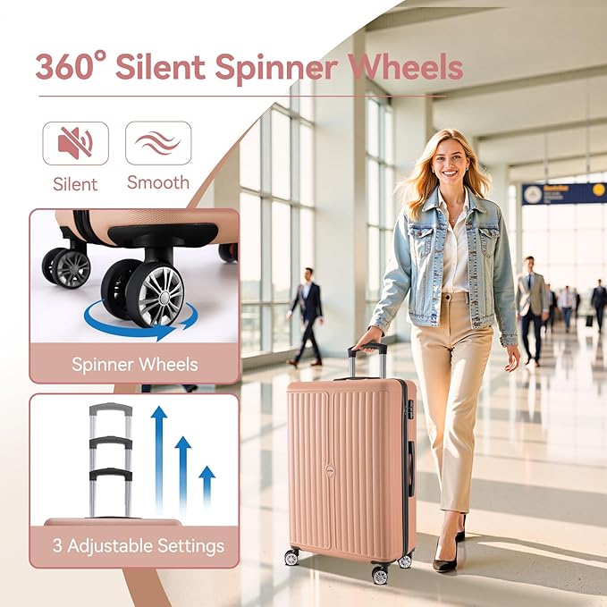 Hoteel Luggage Sets 3 Piece ABS+PC Hardside, 4-Year Warranty, Luggage Set with Spinner Wheels, TSA Lock, Lightweight Carry on Luggage, 20" Suitcase with Duffel & Organizer, Light Pink