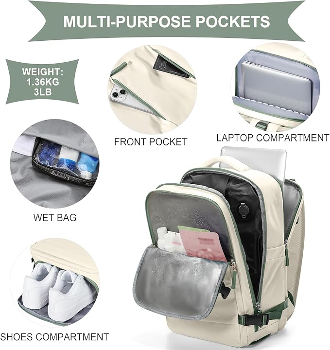 coowoz Vacuum Backpack Travel with Pump,Travel Backpack with Vacuum System For Women Men,Carry On Backpack,Hiking Backpack Waterproof Outdoor Sports Rucksack Casual Daypack,30L(Vacuum pump)White Green