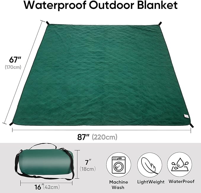 Northroad Waterproof Outdoor Blanket w/Fleece Lining, Large Windproof Camping Blankets for Cold Weather, Light Weight and Warm for Stadium, Hiking, Dog, Picnic, Washable, 67”X 87” (Green, 1PCS)