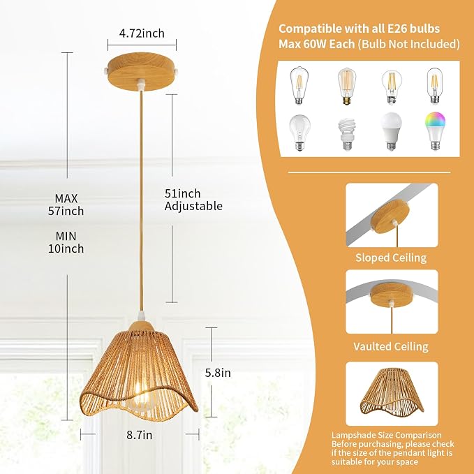 Boho Rattan Pendant Light for Kitchen Island Wave Hanging Lamp | Handwoven Rattan Shade Adjustable Height 10-57 Inch E26 Base Farmhouse Chandeliers for Kitchen Islands And Dining Rooms