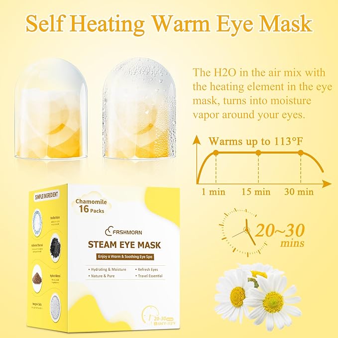 16 Packs Steam Eye Mask, Heated Eye Mask for Sleeping, Warm Compress for Eyes, Self Heating Disposal Steam Mask for Home Sleep, Office, Spa, Travel Essential Valentine's Day Gift (Chamomile)