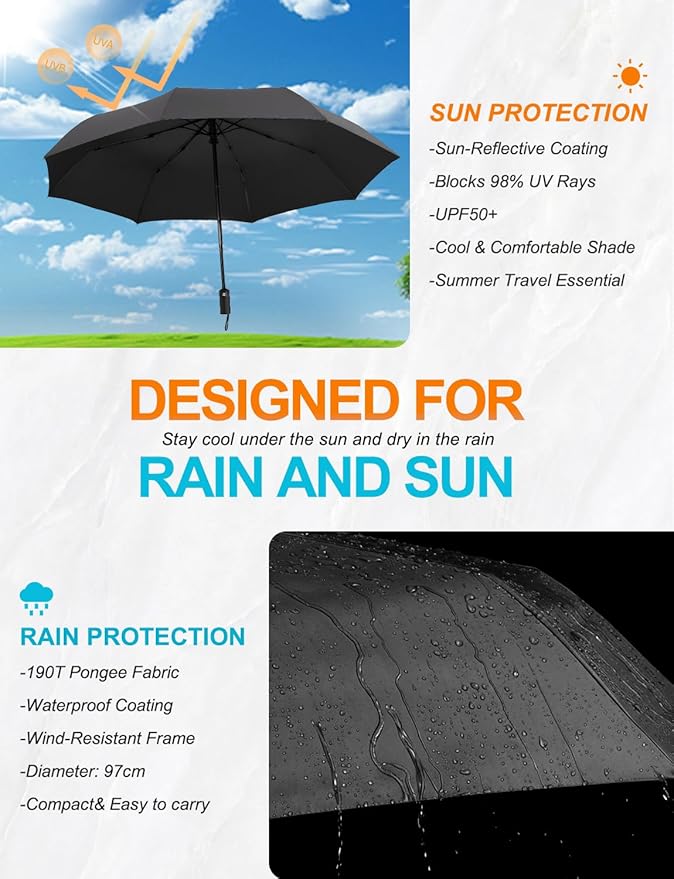SoulRain Travel Umbrella - Compact Umbrella for Rain - Perfect Large Auto Folding Umbrella - Ideal Car umbrella, Small umbrella, and Travel Companion