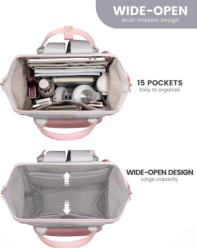 LOVEOVOOK 15.6 Inch Laptop Backpack for Women, Large Capacity Travel Backpack with USB Charging Port, Waterproof Work Backpack for Business, College, Nursing & Airline Travel,Pink&Gray