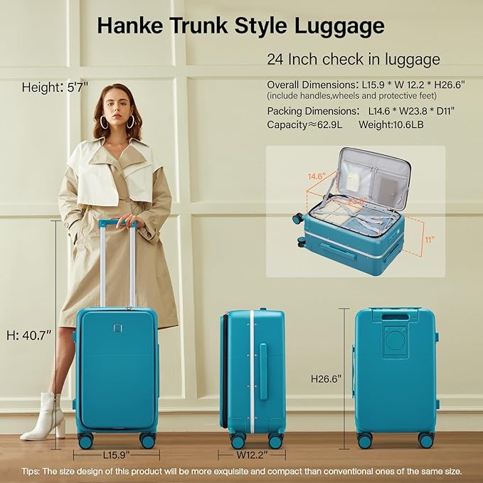 Hanke 24 Inch Luggage with Cup Holder and Charge,Top Opening Hard Shell Suitcases with Wheels and Dividers,Aluminum Frame Trunk Luggage Medium Checked Suitcase with Lock for Travel,Caribbean Blue