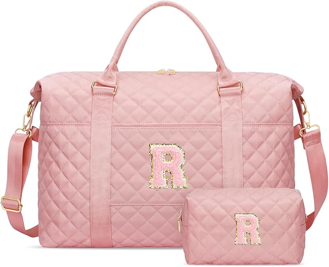 Gifts for Teen Girl, Initial Travel Duffle Bag, Personalized Women Weekender Overnight Bags, Gift for Daughter Kid Mom Friend College Girl Graduation Teacher（Pink,R)
