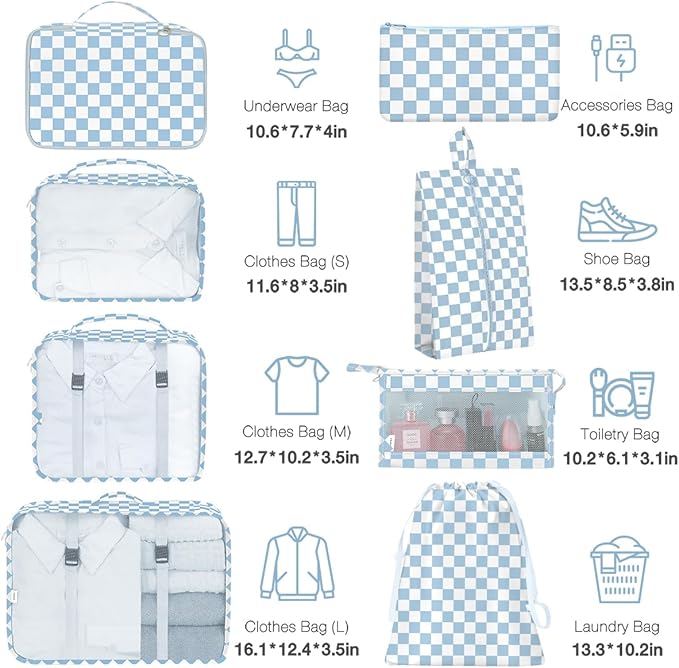 8 Set Packing Cubes for Suitcases,Packing Cubes with Shoe Bag, Cosmetics Bag, Clothing Bag, Accessories Bags Packing Cubes for Travel Luggage Organizer Women Men(Blue Checkered)