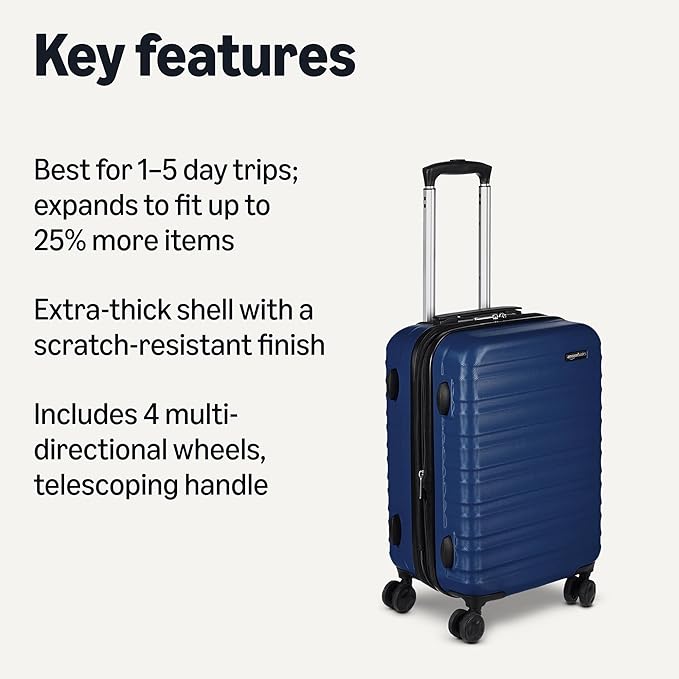 Amazon Basics 21" Hardside Carry-On Luggage with Multi-directional Wheels, Expandable for Up to 25% More Space, Scratch-Resistant Surface, Organized Interior, Navy Blue