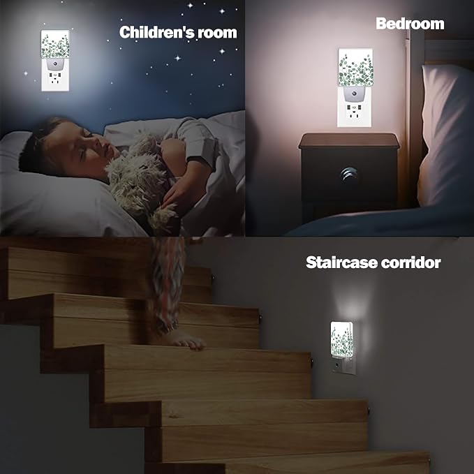 Floral Eucalyptus Dusk to Dawn Night Light, Auto Sensor Lamp Home Indoor Stairway Kitchen Corridor, Night Lights Plug into Wall Decor, Boys Girls Women Men Room Gifts