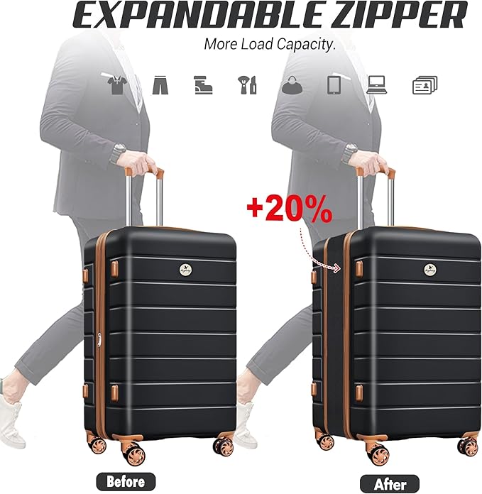 Classic Light Weight Hardside Expandable Spinner Wheels Luggage Suitcase W/TSA Lock,3 Piece Set,Black Brown