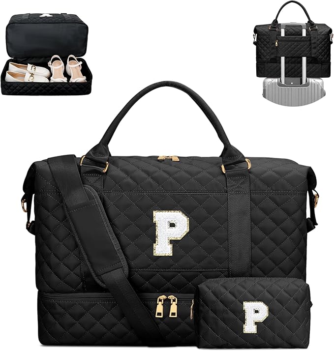 Gifts for Mom for Daughter Birthday Initial Travel Duffle Bag Quilted Weekender Bags Carry-On Overnight with Makeup Bag, Gym Bag with Shoe Compartment, Black P