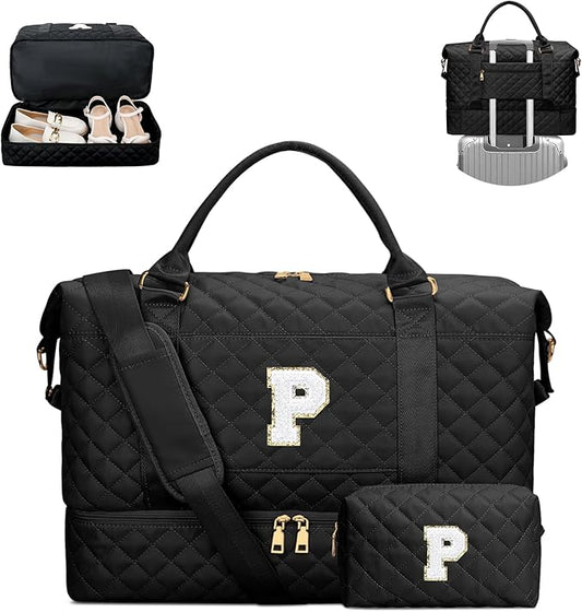 Gifts for Mom for Daughter Birthday Initial Travel Duffle Bag Quilted Weekender Bags Carry-On Overnight with Makeup Bag, Gym Bag with Shoe Compartment, Black P