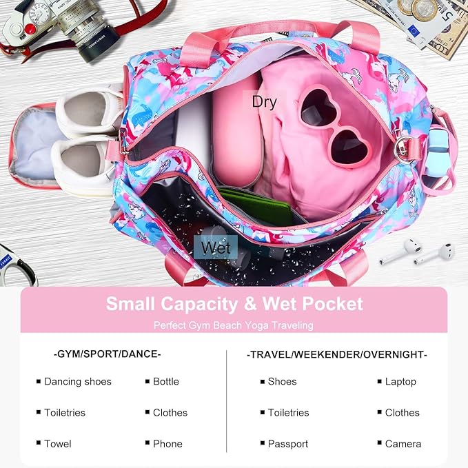 Gym Travel Duffle Bag for Girls - Gymnastics Sports Dance Bag with Shoe Compartment & Wet Pocket Mermaid Kids Travel Bag Teens Weekender Sleepover Carry On Bag