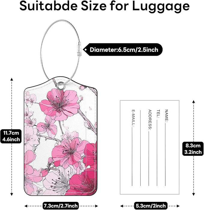 2 Pack PU Leather Luggage Tags for Suitcases, Privacy Protection Cover with Stainless Steel Loop and Address Card, Travel Cruise Essentials (Pink Flower)