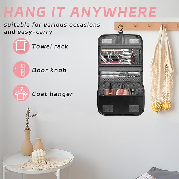 Toiletry Bag Travel Bag with Hanging Hook, Waterproof Capacity Hanging Multifunctional Makeup Bag for Toiletries, Portable Cosmetic Bag Travel Organizer for Women and Men(Black Pure)
