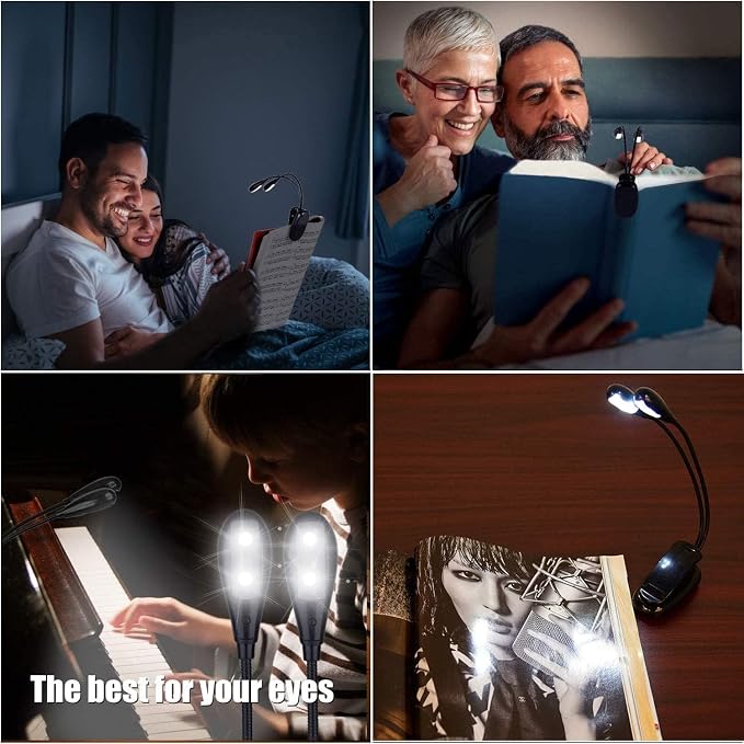 10 Pack Music Stand Lights - Musician Piano Light Clip On, USB & AAA Battery Powered, Eye Care & Portable, LED Book Reading Lamp, 4 Brightness, Ideal for Orchestra, Sheet Music, Guitar (Dual Arm)