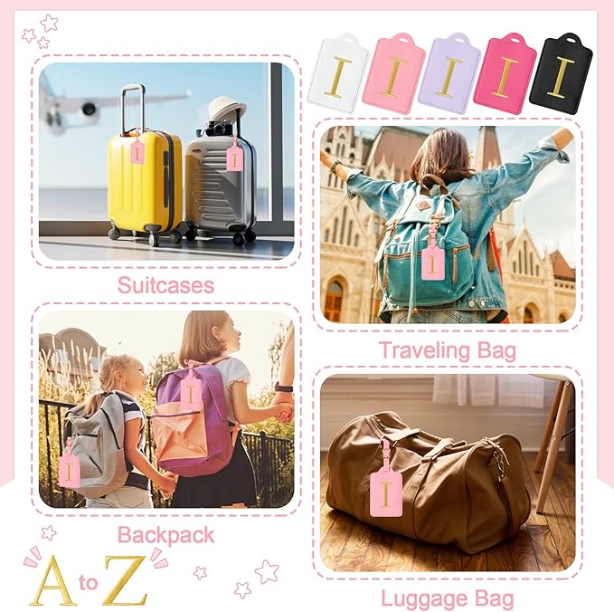 Initial Letter Luggage Tags for Suitcases, Embroidered Monogrammed Suitcase Luggage Identifier Name Tag, PU Leather TSA Approved Luggage Tags, Bag Tags for Men Women Kids Luggage Handbags(Pink I)