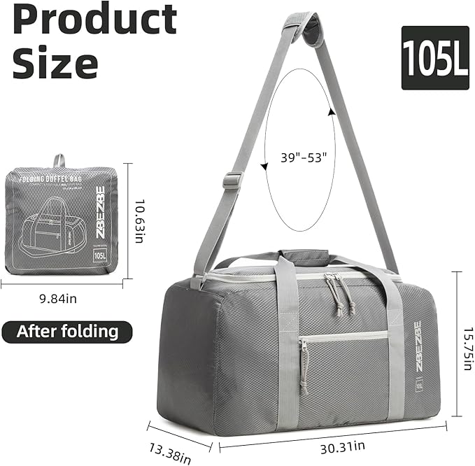 Foldable Travel Duffel Bag, Lightweight & Easy to Carry Water-Repellent Duffle Bag - 2-Way Zipper & Interior Pouch, Ideal for Weekend Trips, Daily Use,Camping，Sports