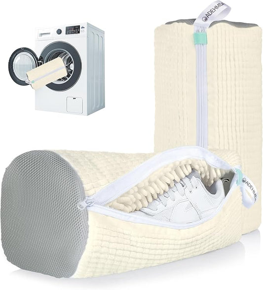 2Pcs Shoe Washing Machine Bag, Sneaker Laundry Bag for Washing Machine, Extra Long and Thick Microfibre Fluff, Reusable for Washer and Dryer (2pcs, Greige)