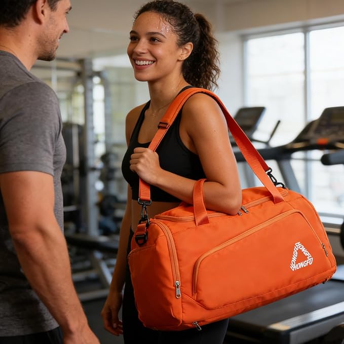 Eslcorri Gym Duffle Bag for Women Men, Sports Backpack with Wet & Shoe Compartment, Fitness Overnight Weekender Bag for Yoga, Swim, Travel (C, Orange)