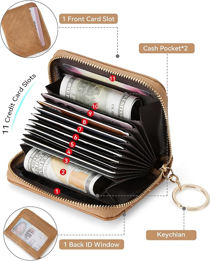 BOSTANTEN Credit Card Holder Wallet RFID Blocking Leather Small Wallet for Women Zipper Keychain Wallet with Wristlet Camel