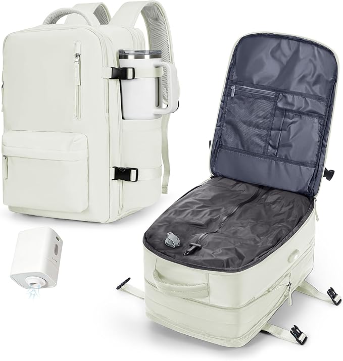 VECAVE Vacuum Backpack Travel with Pump, Expandable Personal Item Carry on Backpacks for Women Men, Laptop Waterproof Work Compression bags with USB Casual Daypack White