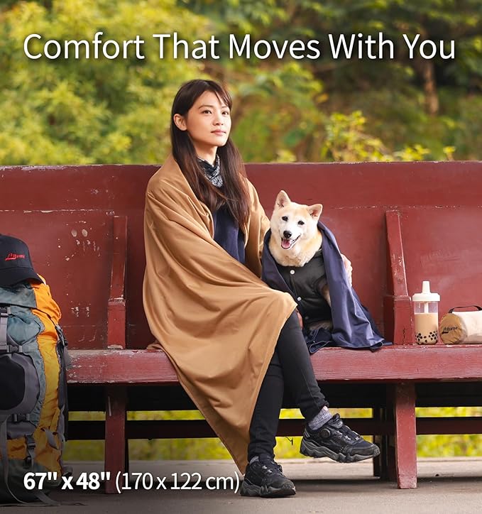 Litume Travel Blanket Lightweight and Breathable, 67 x 48 in Soft Airplane Flight Blanket for Travelers, Foldable Camping Sheet with Stuff Sack for Train, Camp, backapcking, office, home(Creamy Brown)