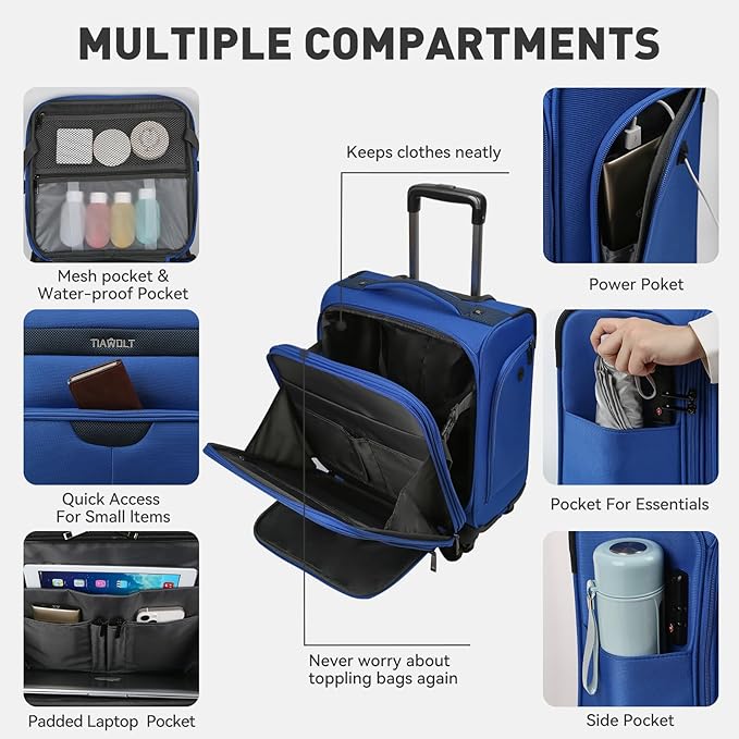 16 Inch Underseat Carry on Luggage With Wheels Weekender Overnight Business Travel Bag Suit cases Mini Suitcases with Wheels Under Seat Bag for Airlines,Blue