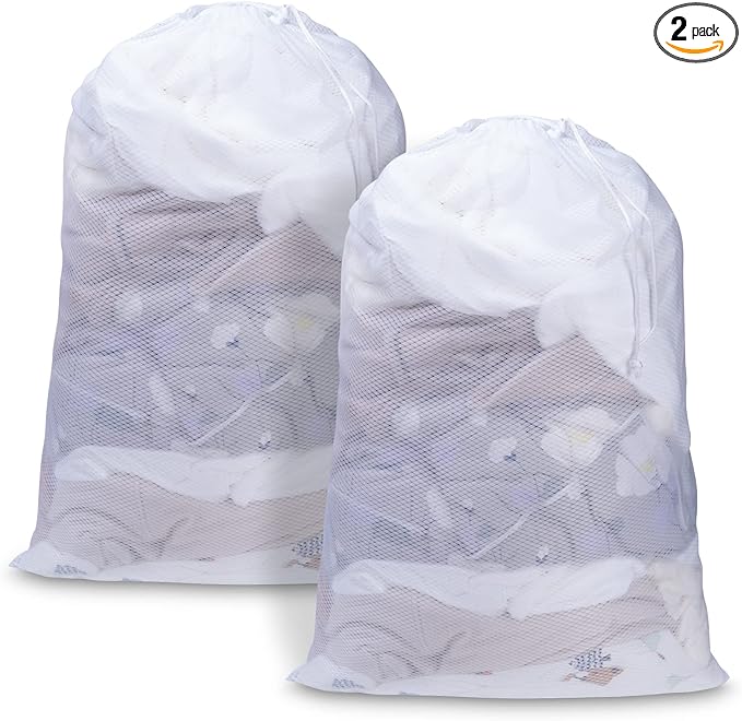 Meowoo Large Mesh Laundry Bag, 24×36inch Heavy Duty Mesh Laundry Bags Drawstring Lockable, Laundry Hamper Liner, Machine Washable, for Travel,Storage, Sports Factories, Dorms, White 2pcs