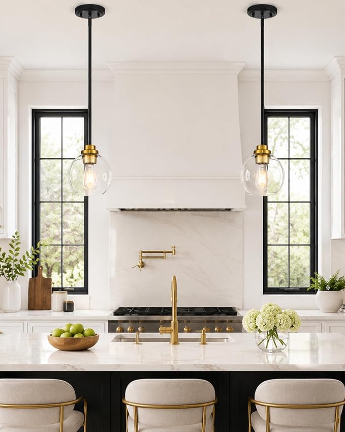 Pendant Lights Kitchen Island, 7" Black and Gold Hanging Lights Fixtures with Clear Glass Globe Shade, Modern Kitchen Island Lighting for Bathroom, AD-22280-1P-KG