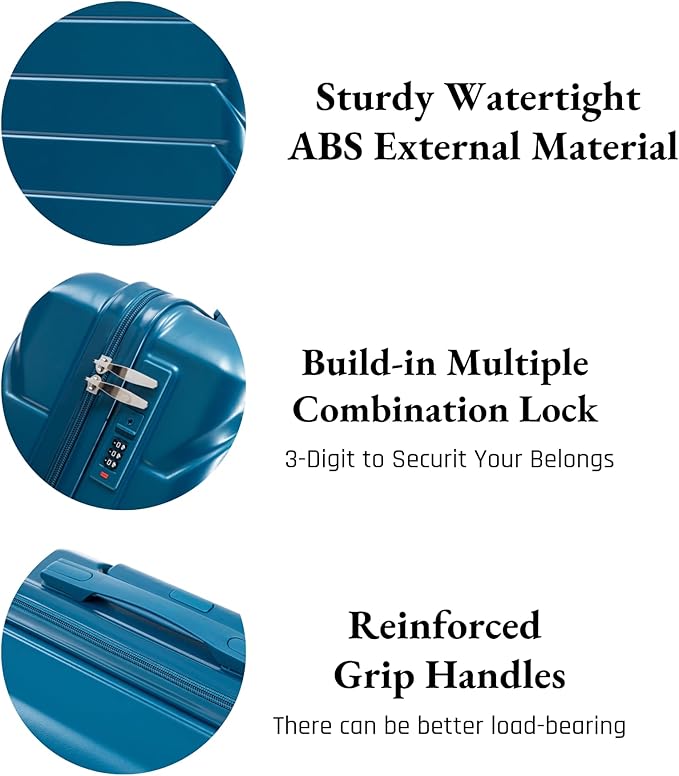 2-Piece ABS Hard Shell Lightweight Carry-On Luggage Set (14" & 20"), 360-Degree Spinner Wheels, Adjustable Telescopic Handle and Combination Lock for Travel, Dark Blue