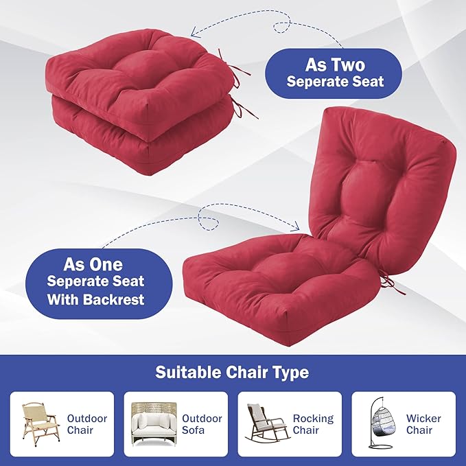 Outdoor Chair Cushions Set of 2, Patio Chair Cushions with Ties, 17x17+4” Tufted Outdoor Seat Cushions, Waterproof Patio Furniture Cushions, Outdoor Dining Chair Pads, Burgundy