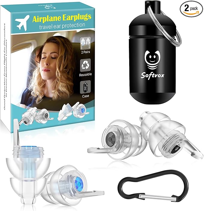 Airplane Ear Plugs Pressure Relief Earplugs 2 Pairs, Prevent Ear-Pain & Reduce Noise 25dB - Flight Essentials, Reusable Soft Plane Earbuds for Adult/Kids 12+, Travel Ear Protection Air Plugs