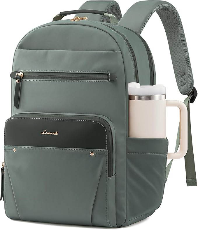 LOVEVOOK Laptop Backpack for Women with Leather Trim & Tumbler Pockets, 15.6" Work Backpack Purse, Travel Personal Item Bag, Carry On Business Computer Bag for Office, School, or Gift, Sage Green