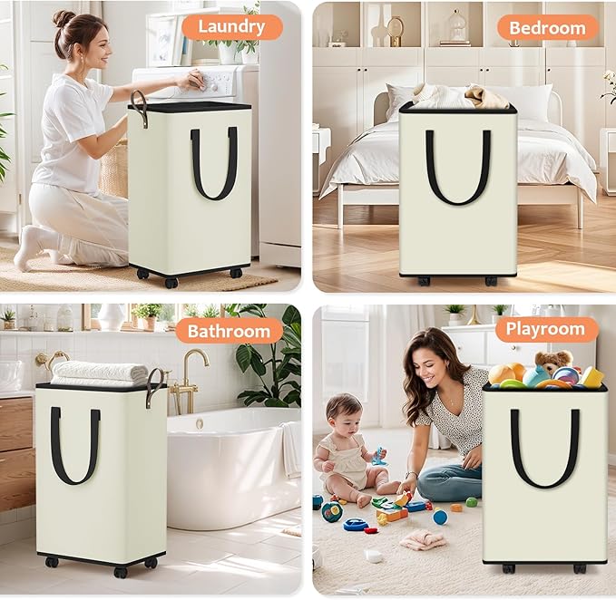 Laundry Basket with Wheels, Collapsible Laundry Baskets, Laundry Hamper with Handles Detachable Wheels, Rolling Laundry Basket, Dirty Clothes Hamper for Bathroom, Dorm, Bedroom, Cream, 100L