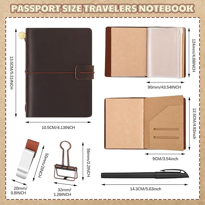 Thenshop Travelers Refillable Leather Journal Notebook Travel Diary Handmade Passport Travelers Journal for Men and Women with 3 Notebook Inserts, Pen Holder, Binder Clip(Dark Brown,Passport Size)