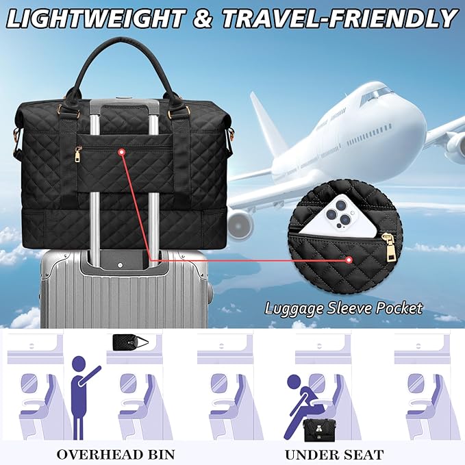 Gifts for Women Girls Initial Travel Duffle Bag Quilted Weekender Carry-On Overnight with Cosmetic Bag, Gym Bag with Shoe Compartment, Black A