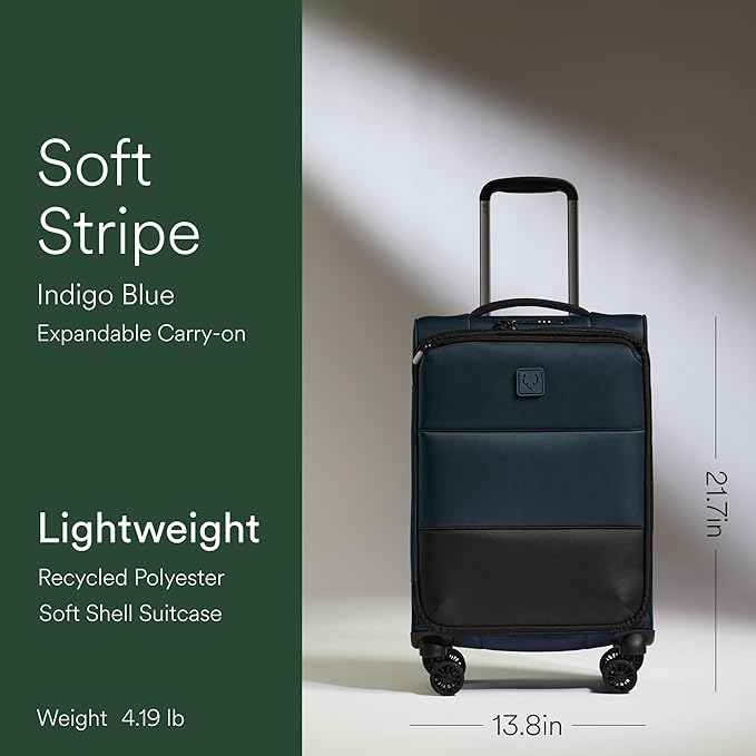 ANTLER - Soft Stripe Carry On Luggage 22x14x9 Airline Approved - Cabin Suitcase with Expander, Adjustable Handle, 4 Spinner Wheels, Lightweight, TSA Lock - Recycled Polyester Luggage - Indio Blue